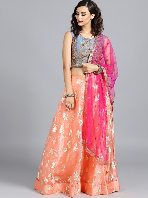 

Chhabra 555 Peach-Coloured & Grey Hand Stitched Made to Measure Lehenga Choli, Orange