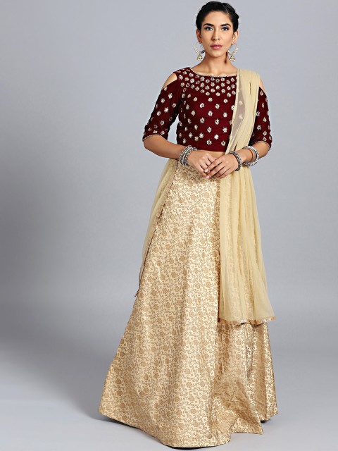 

Chhabra 555 Beige & Maroon Embellished Stitched Made to Measure Lehenga Choli