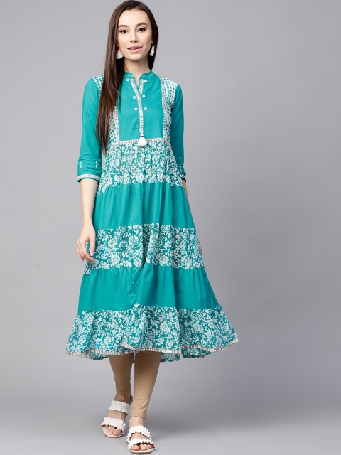

Nayo Women Turquoise Blue Printed Tiered Anarkali Kurta