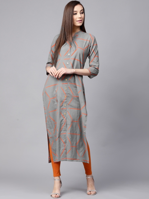 

Nayo Women Grey & Orange Printed Straight Kurta
