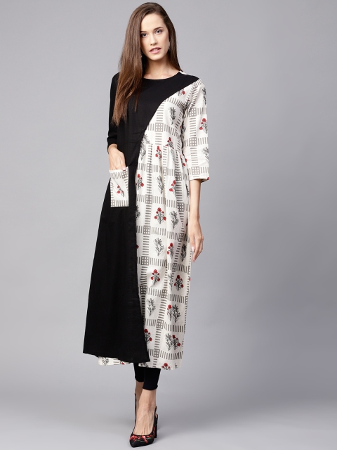 

Nayo Women Off-White & Black Floral Print Layered A-Line Kurta