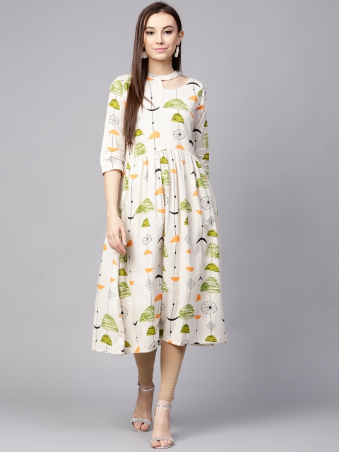 

Nayo Women Off-White & Green Printed A-Line Kurta