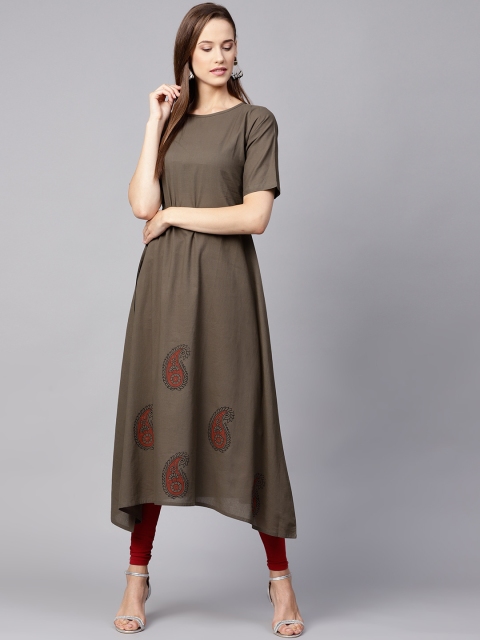 

Nayo Women Olive Green Solid Asymmetrical Hem A-Line Kurta