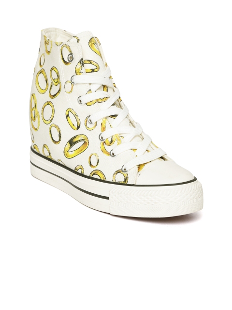 

Carlton London Women Off-White & Mustard Yellow Printed Sneaker Wedges