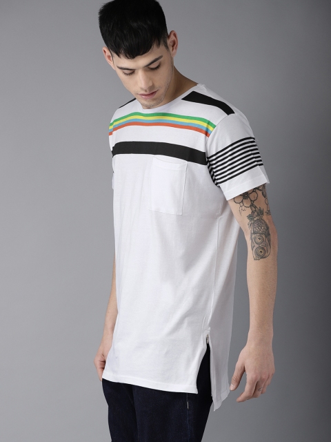 

Moda Rapido Men White Striped Round Neck Longline T-shirt