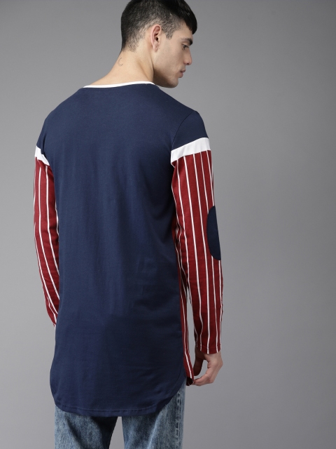 

Moda Rapido Men Red & White Striped Round Neck Longline T-shirt