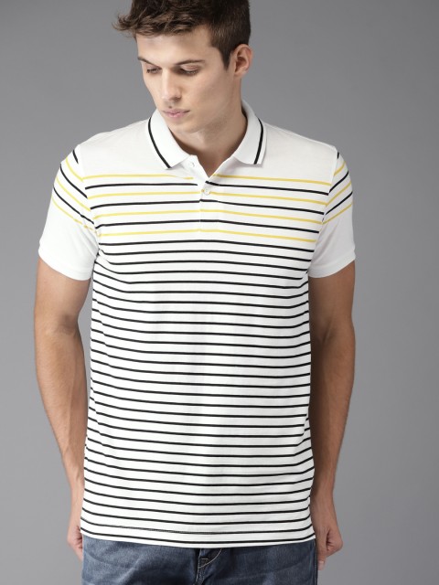 

Moda Rapido Men White Bllack Striped Polo Collar Pure Cotton T-shirt