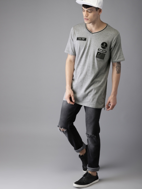 

Moda Rapido Men Grey Melange Solid V-Neck T-shirt