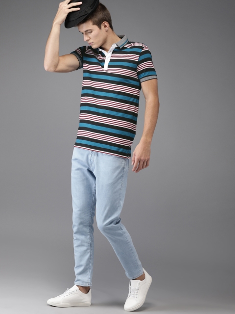 

Moda Rapido Men Teal Blue & Black Striped Polo Collar T-shirt