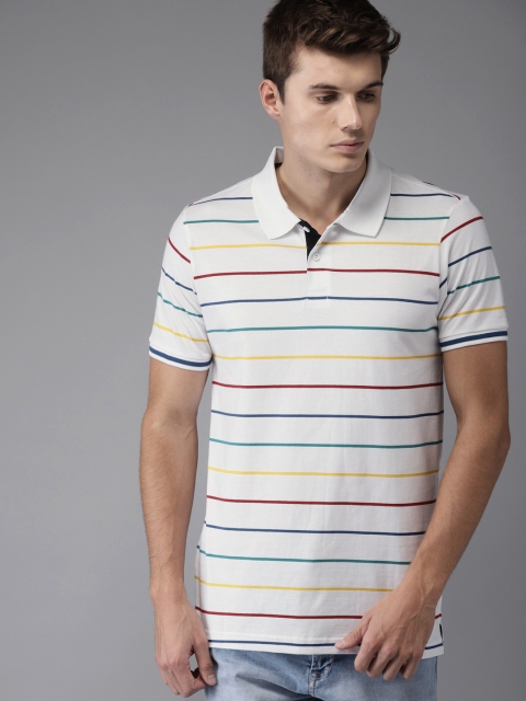 

Moda Rapido Men White & Blue Striped Polo Collar T-shirt