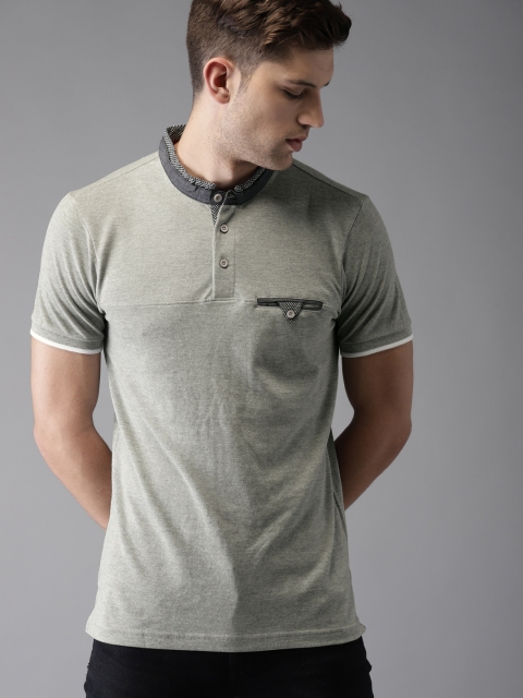 

Moda Rapido Men Grey Melange Solid Mandarin Collar T-shirt