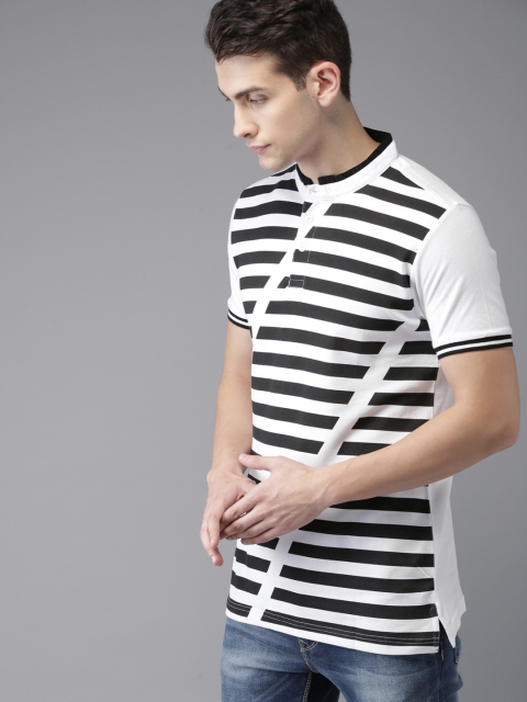

Moda Rapido Men White & Black Striped Mandarin Collar T-shirt