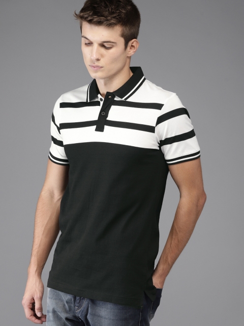 

Moda Rapido Men Black & White Striped Polo Collar T-shirt
