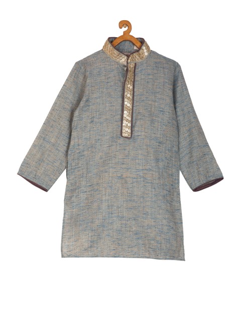 

KISAH Boys Grey & Blue Solid Silk Straight Kurta