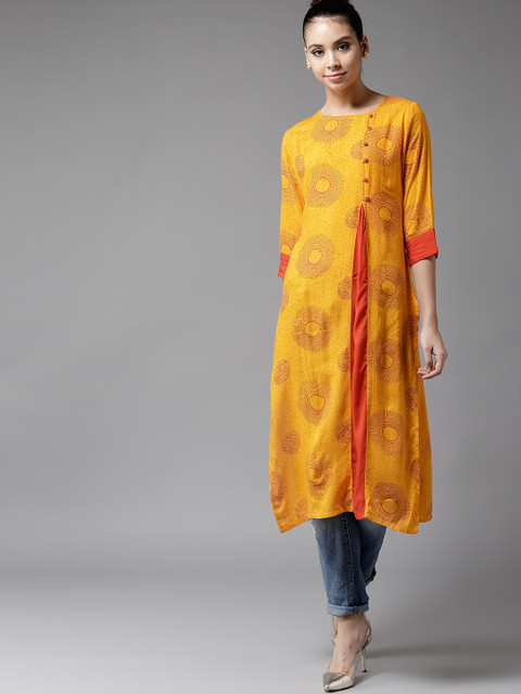 

Moda Rapido Women Yellow & Orange Printed Straight Kurta