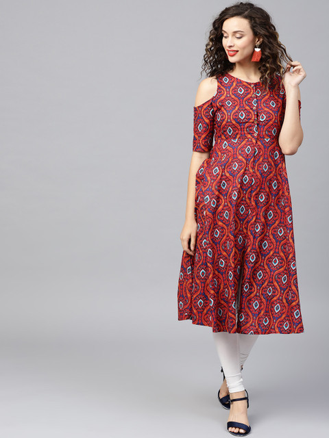 

SASSAFRAS Women Red & Navy Blue Printed A-Line Kurta