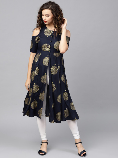 

SASSAFRAS Women Navy Blue & Golden Foil Print Cold-Shoulder A- Line Kurta