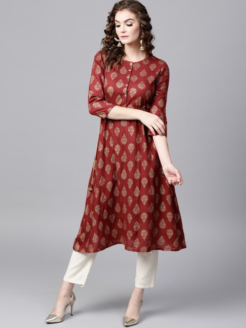 

SASSAFRAS Women Maroon & Golden Printed A-Line Kurta