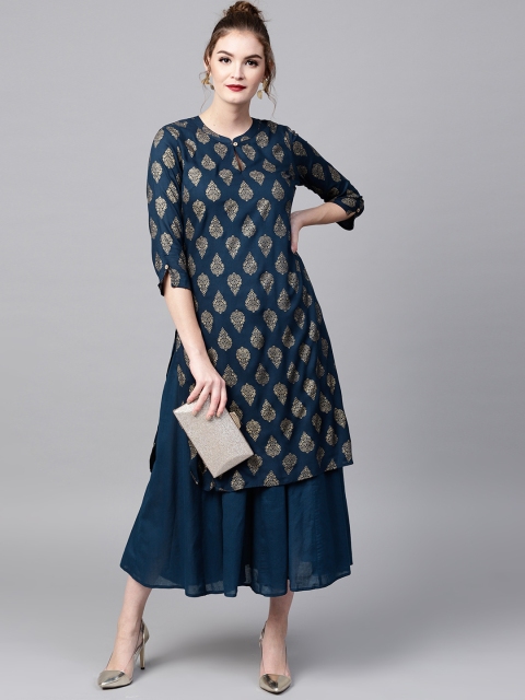 

SASSAFRAS Women Navy Blue & Golden Printed Layered A-Line Dress