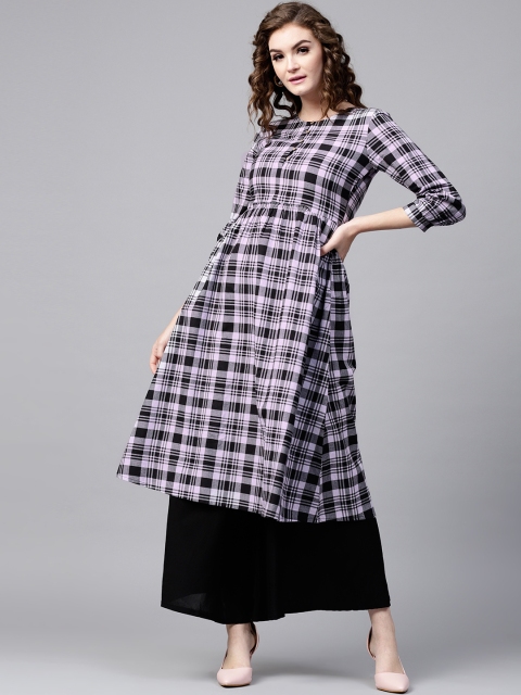 

SASSAFRAS Women Black & Lavender Checked A-Line Kurta