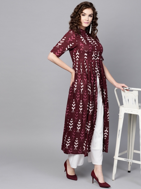 

SASSAFRAS Women Burgundy Ikat Print A-Line Kurta