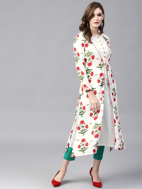 

SASSAFRAS Women White Solid Straight Kurta with Ethnic Jacket