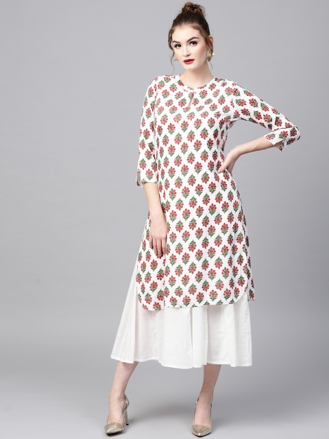 

SASSAFRAS Women Off-White & Red Floral Print Layered A-Line Dress