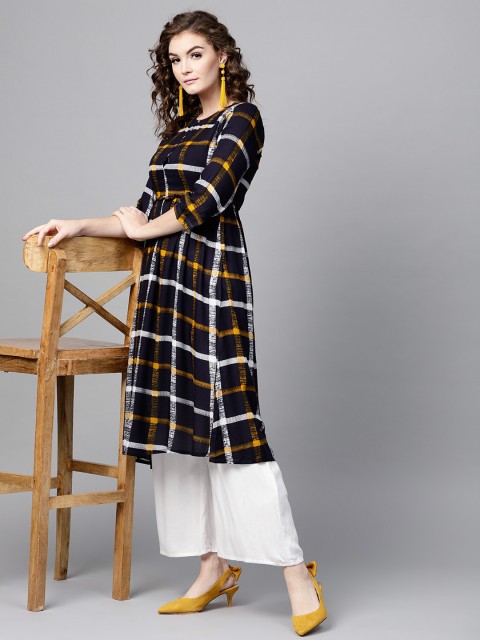

SASSAFRAS Women Navy Blue & Mustard Yellow Checked A-Line Kurta