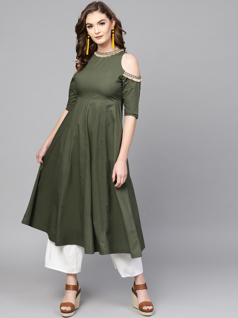 

SASSAFRAS Women Olive Green Solid A-Line Kurta