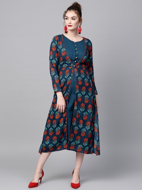 

SASSAFRAS Women Teal Blue Printed Layered A-Line Dress
