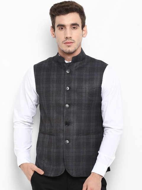 

Red Tape Men Black and Charcoal Checked Nehru Jacket