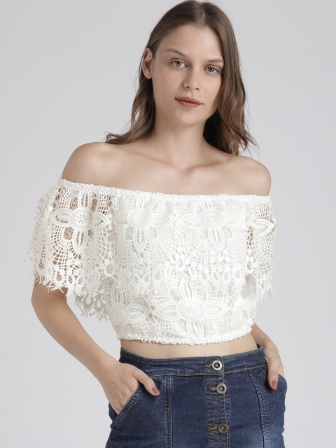 

Splash Women White Self Design Lace Bardot Crop Top