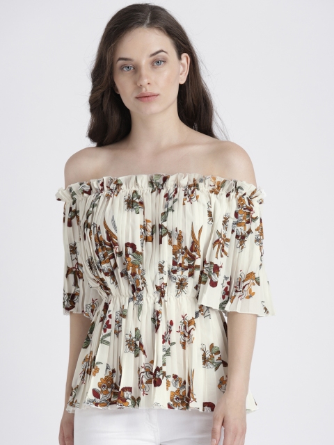 

Splash Women Off-White Printed Bardot Top