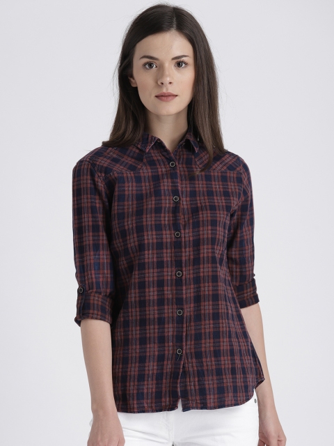 

Splash Women Navy & Brown Regular Fit Checked Casual Shirt, Navy blue