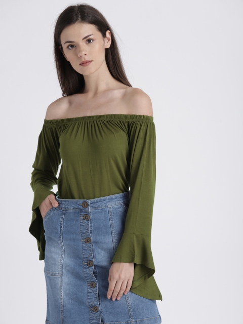 

Splash Women Olive Green Solid Bardot Pure Cotton Top