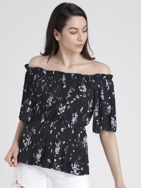 

Splash Women Navy Blue Printed Bardot Top