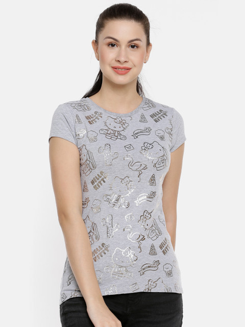 

Splash Women Grey Printed Round Neck Hello Kitty T-shirt