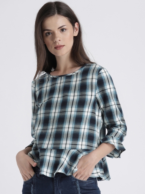 

Splash Women Navy Blue & White Checked Peplum Pure Cotton Top