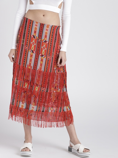 

Splash Women Red & Brown Printed A-Line Midi Skirt