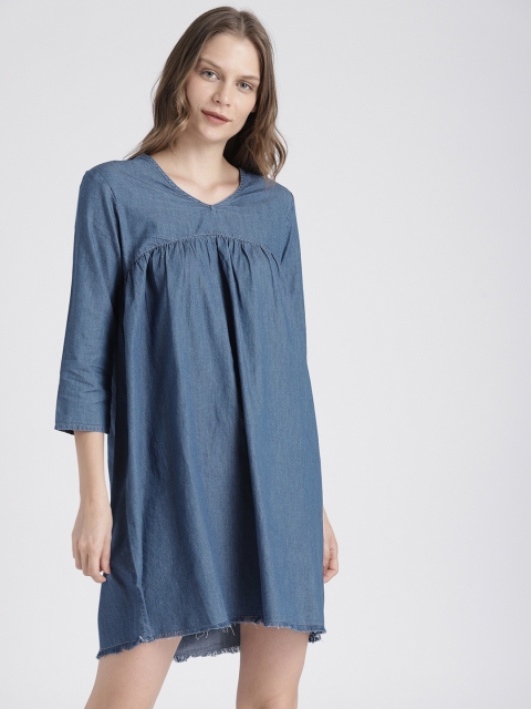 

Splash Women Blue Solid Chambray A-Line Dress