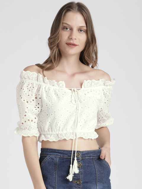 

Splash Women White Self Design Crochet Detailed Bardot Top