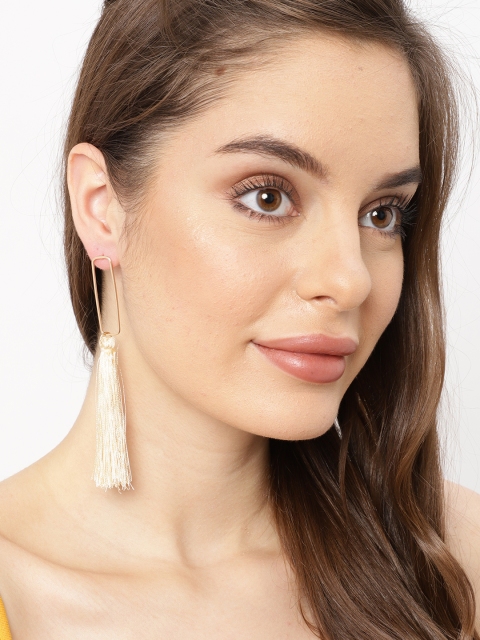 

Ayesha Gold-Toned Rectangular Hoop With Beige Tassel Earrings