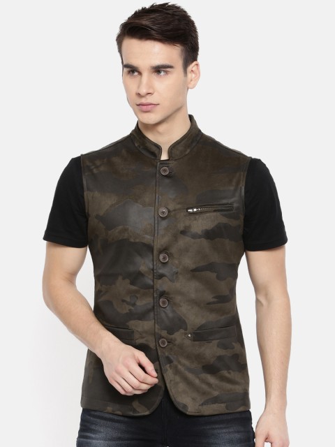 

SPYKAR Men Olive Green & Coffee Brown Printed Nehru Jacket