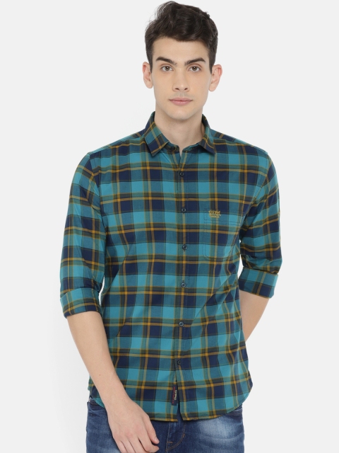 

U.S. Polo Assn. Denim Co. Men Teal Blue & Khaki Slim Fit Checked Casual Shirt