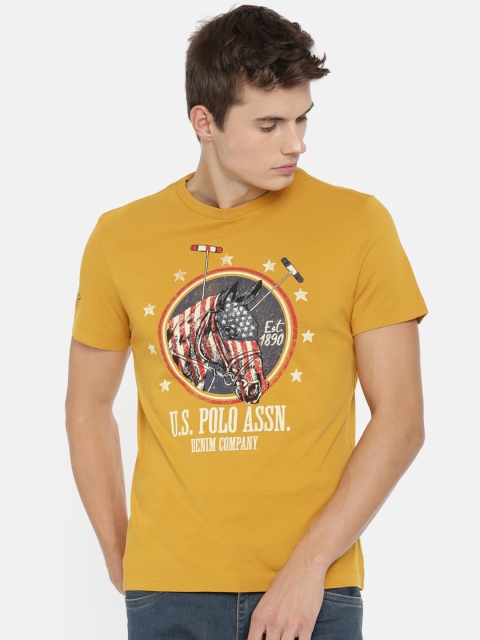 

U.S. Polo Assn. Denim Co. Men Mustard Yellow Printed Round Neck Pure Cotton T-shirt