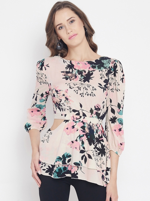 

PANIT Women Beige & Black Floral Printed Cinched Waist Top