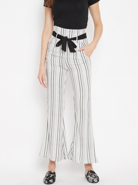 

PANIT Women White & Black Slim Fit Striped Bootcut Trousers