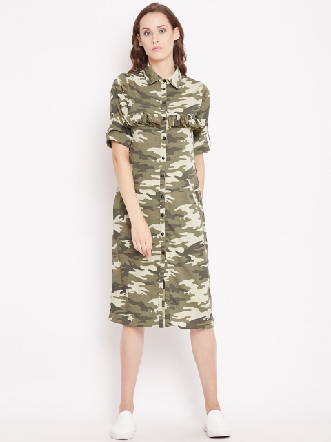 

PANIT Women Olive Green & Beige Camouflage Print Midi Shirt Dress