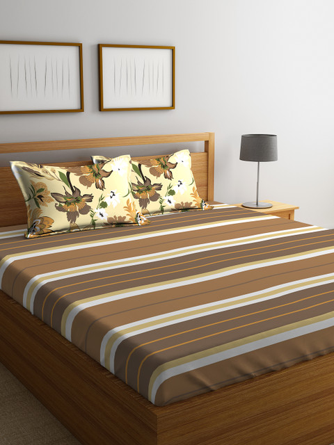 

Portico New York Brown Striped Flat 144 TC Cotton 1 Queen Bedsheet with 2 Pillow Covers