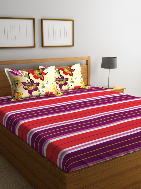 

Portico New York Red Striped Flat 144 TC Cotton 1 Queen Bedsheet with 2 Pillow Covers